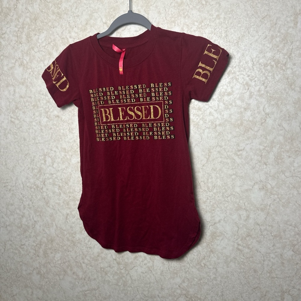 Cute 4 U girls size 10/12 Burgundy and Gold tshirt with the word Blessed it